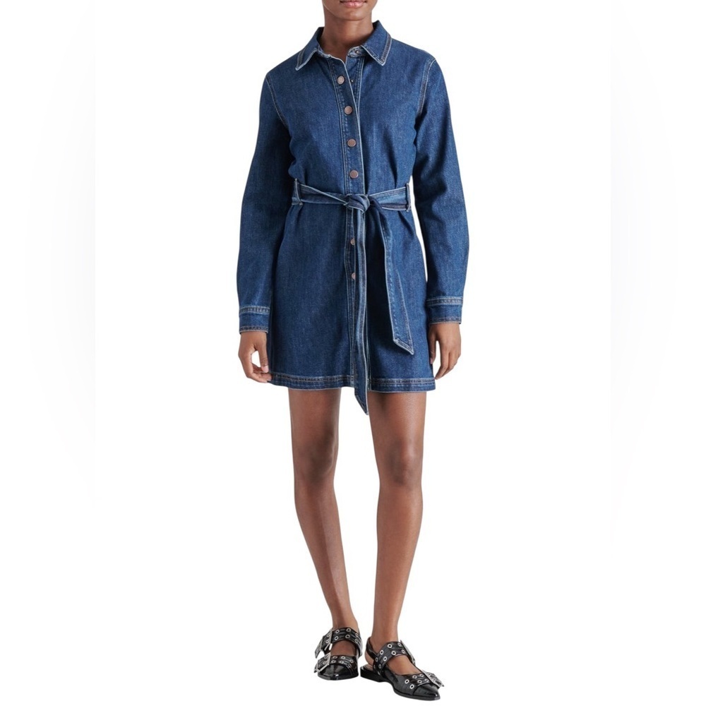 Steve Madden Women’s Sz 4 Jolena Long Sleeve Belted Denim Mini Shirtdress NWT